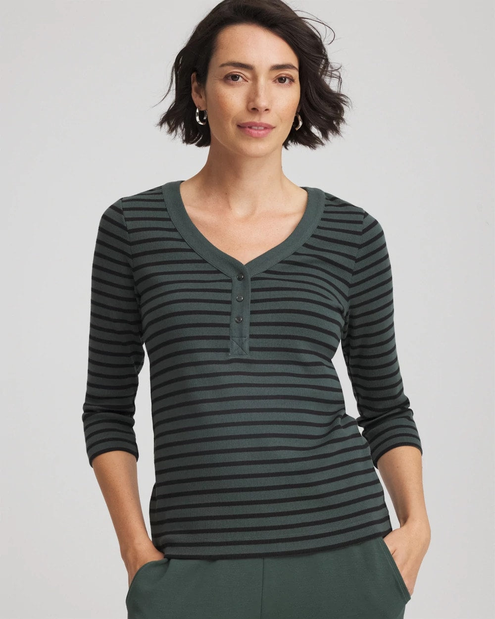 Chico's Zenergy® Ribbed Striped Henley Tee DARKEST SPRUCE