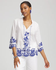 Chico's Embroidered Tassel Tie-Front Blouse RICH COBALT