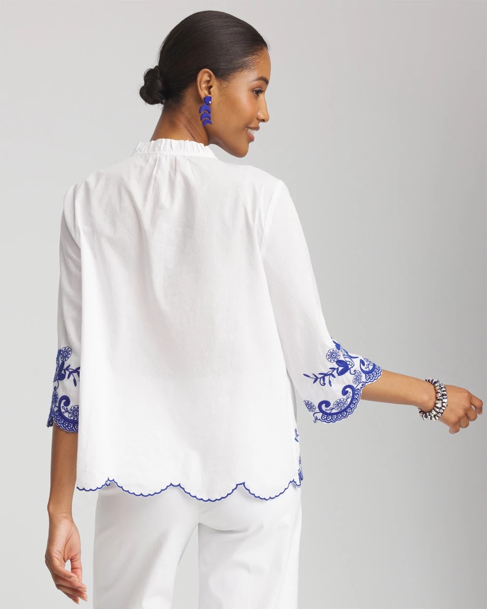 Chico's Embroidered Tassel Tie-Front Blouse RICH COBALT
