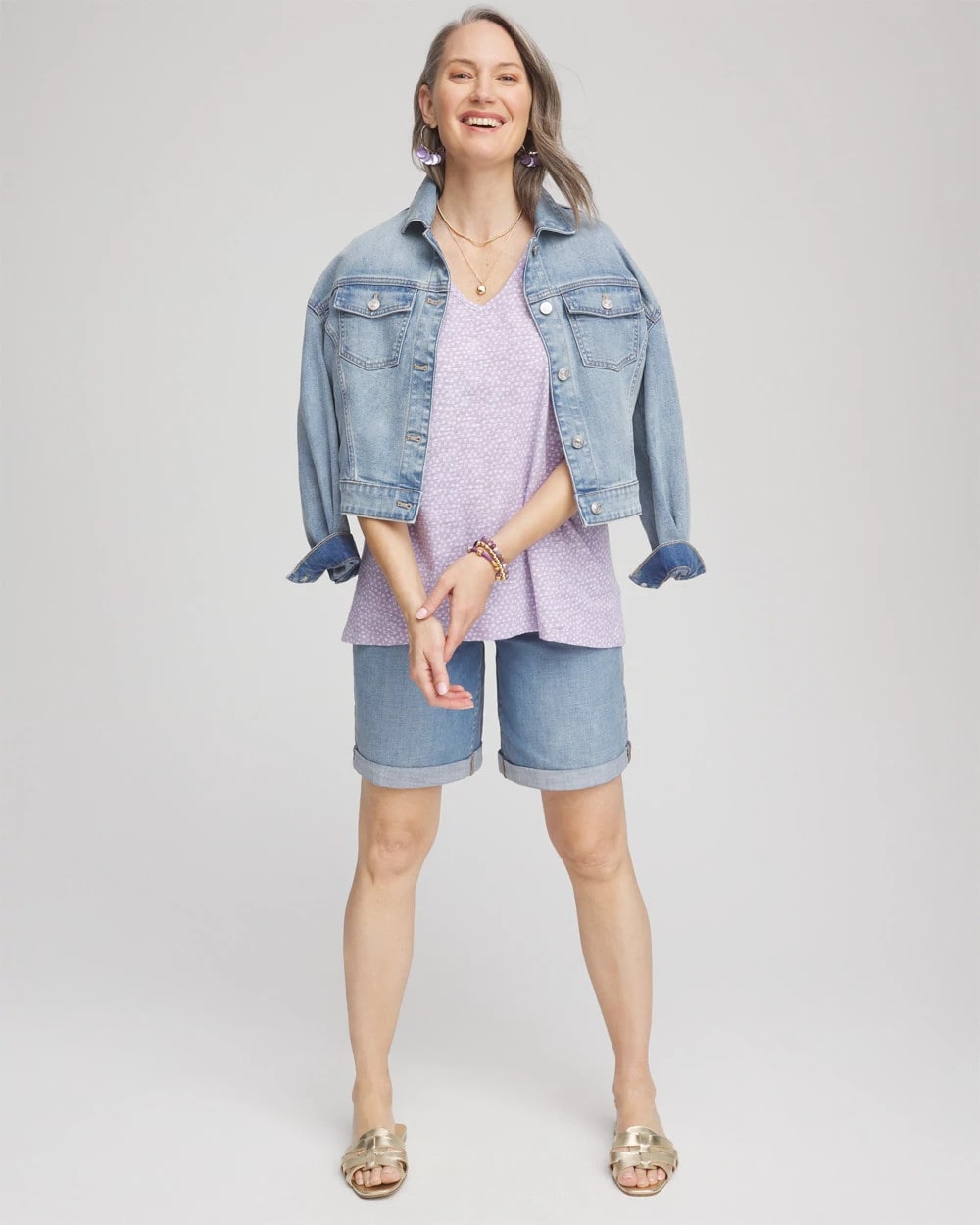 Chico's Polka-Dot Short Sleeve Forward Seam Tee GENTLE LAVENDER