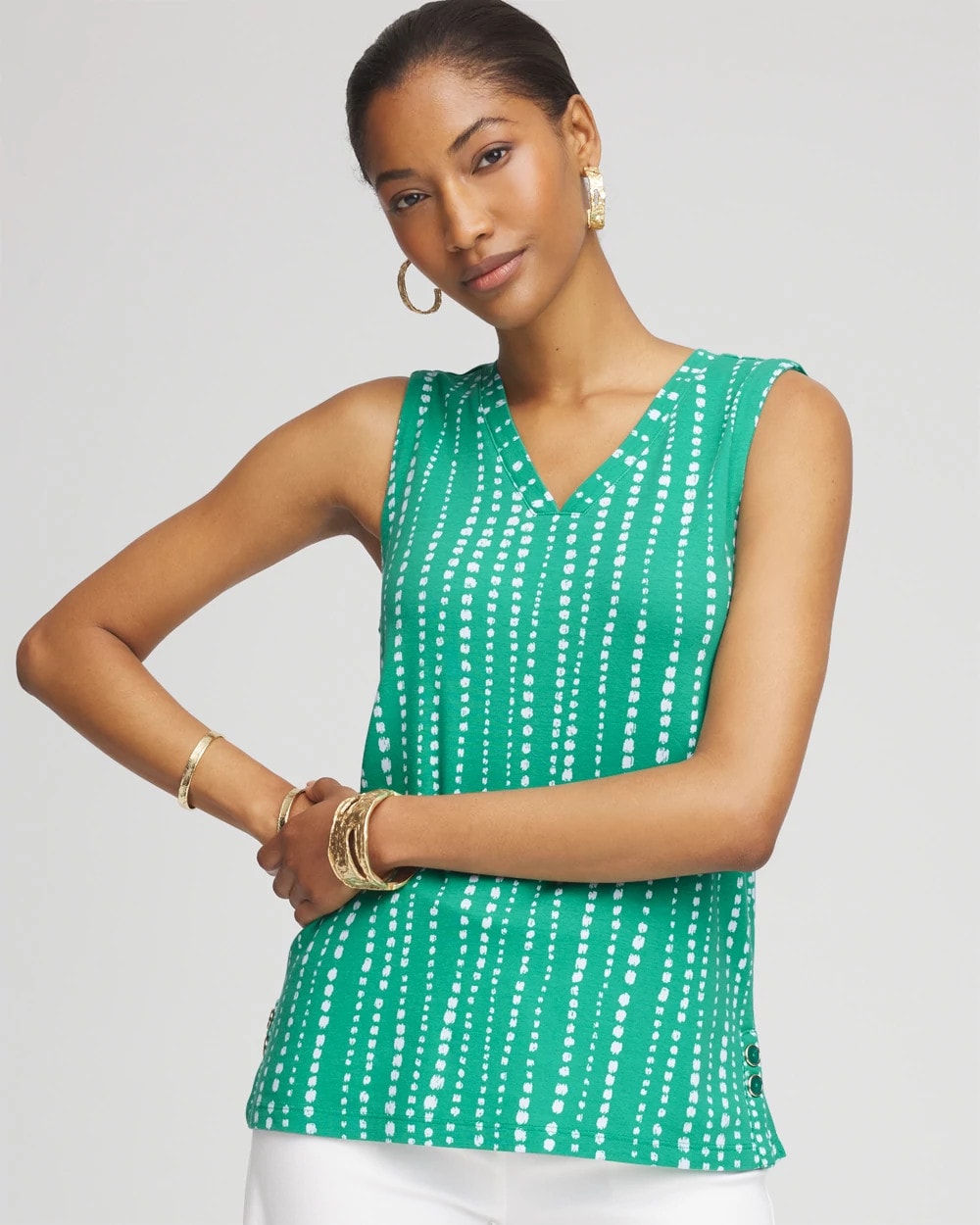Chico's Polka-Dot Sleeveless V-Neck Tank EDEN GREEN
