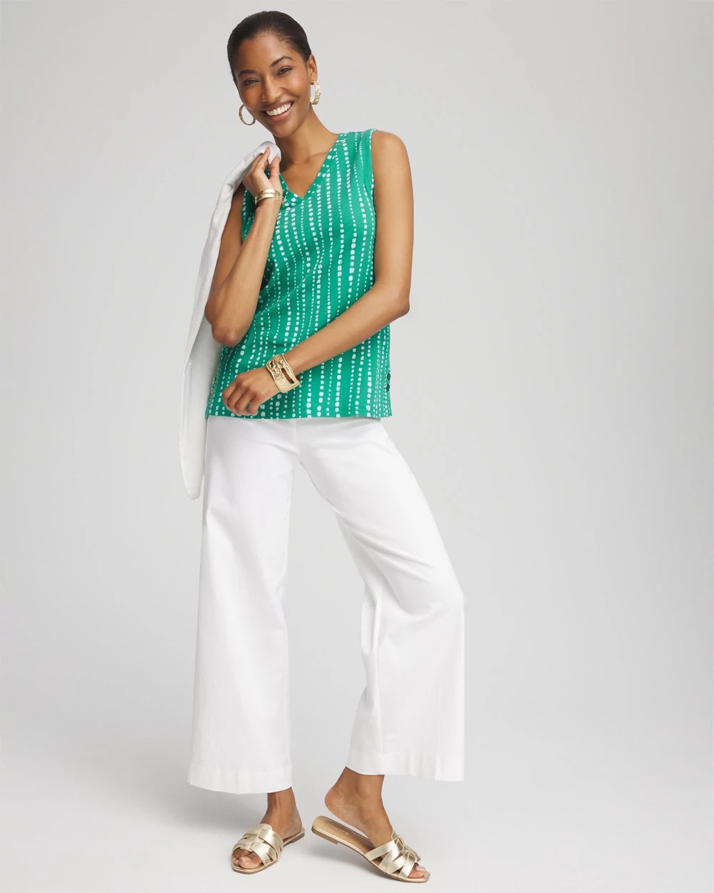Chico's Polka-Dot Sleeveless V-Neck Tank EDEN GREEN