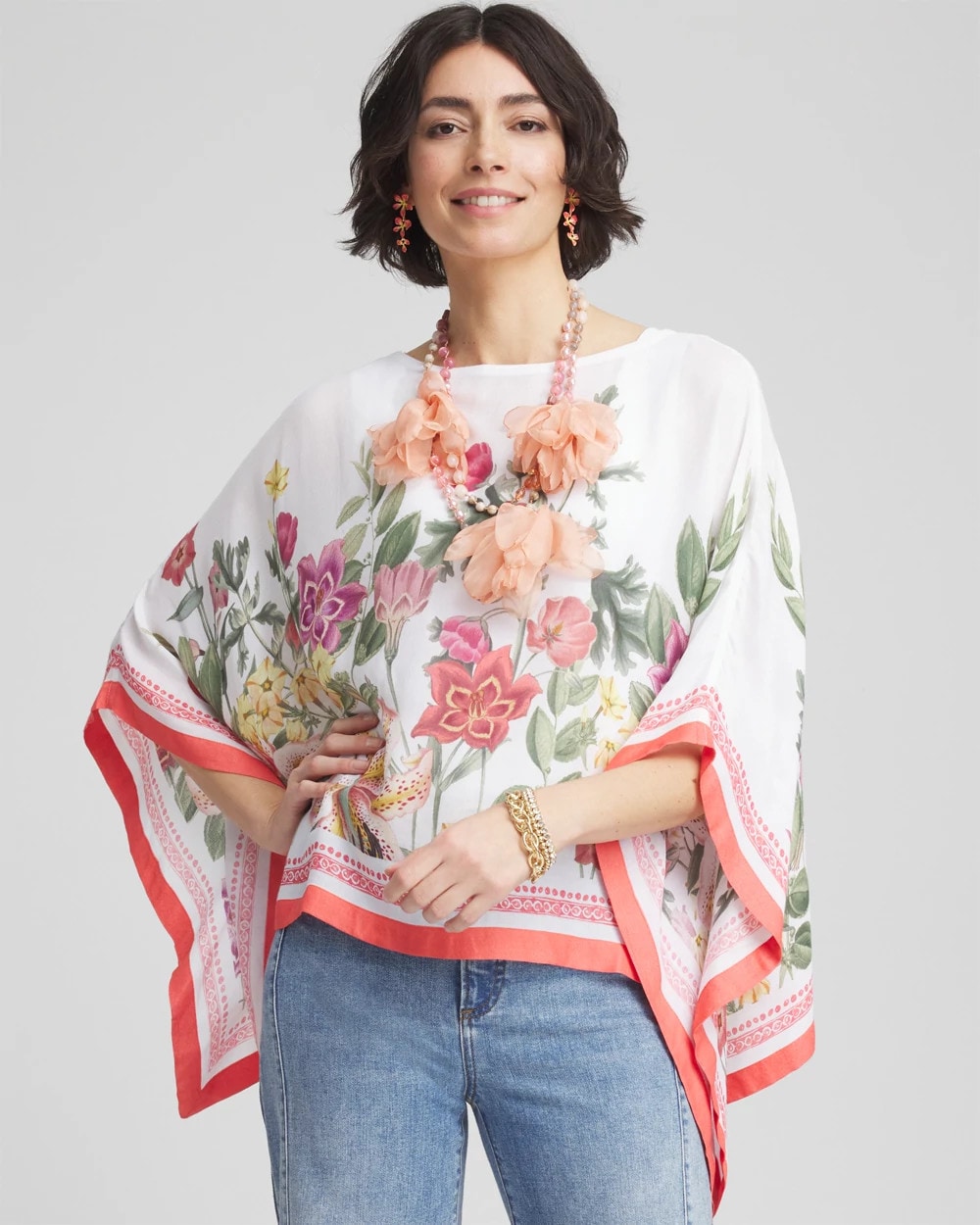 Chico's Wildflower Crepe Boatneck Poncho ALABASTER