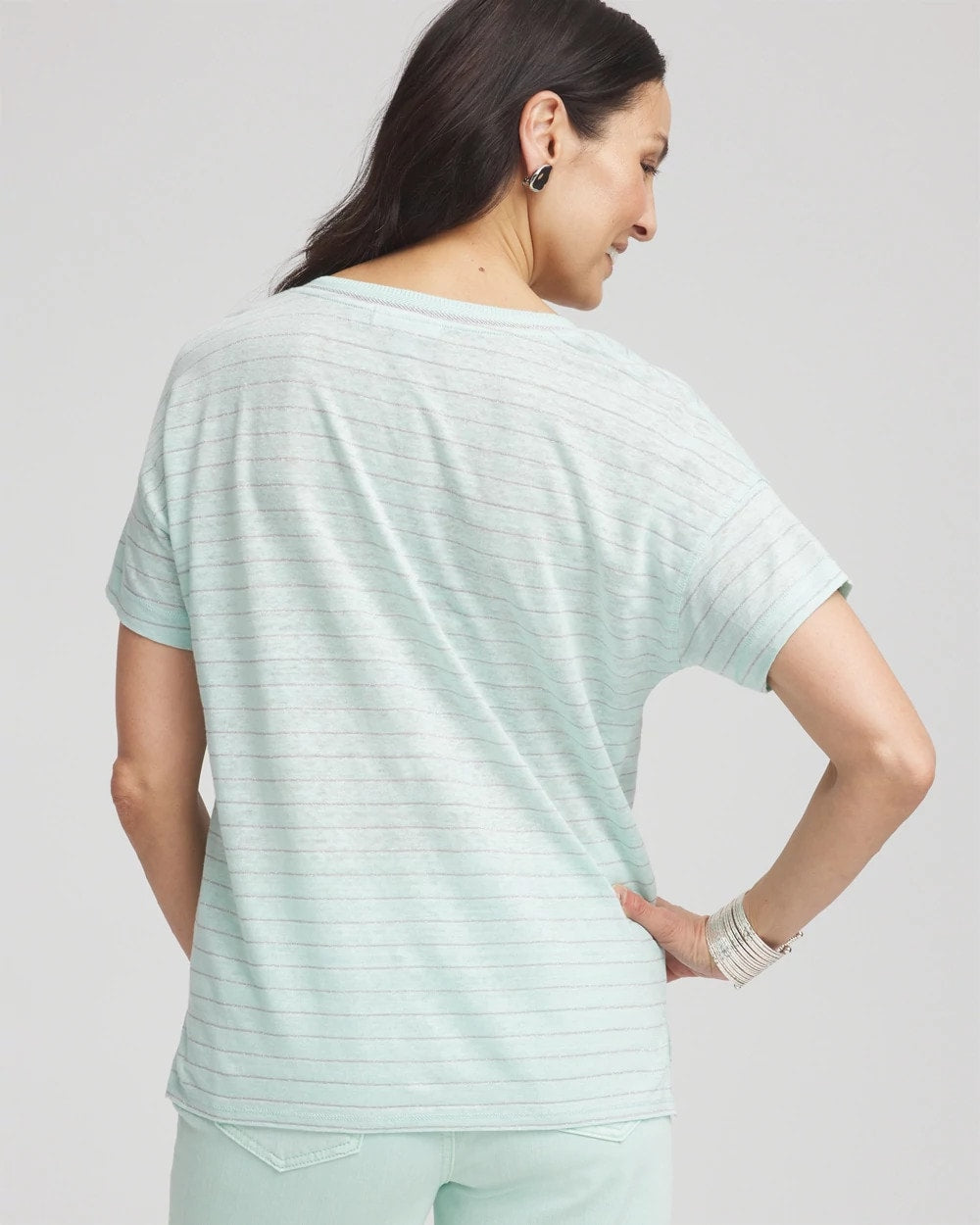 Chico's Striped Sweater-Trim Linen Tee TEAL WATERS