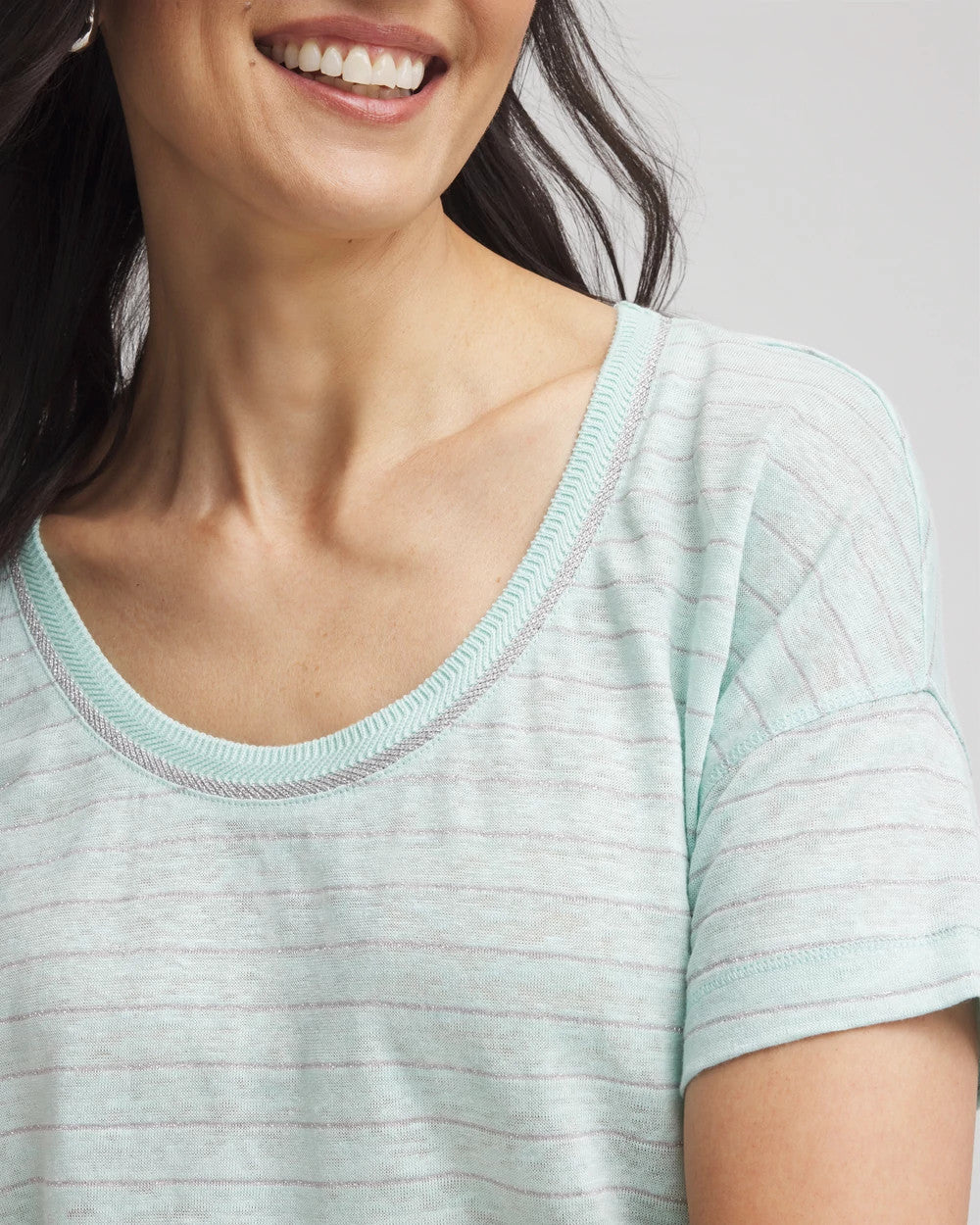 Chico's Striped Sweater-Trim Linen Tee TEAL WATERS