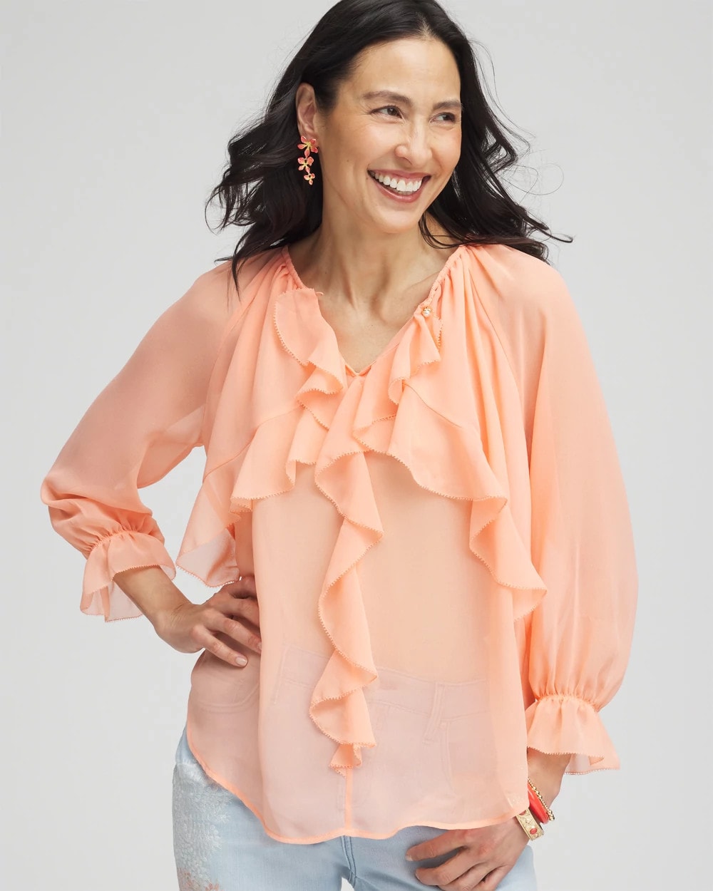 Chico's Georgette Sheer Ruffle Blouse CORAL BLOSSOM