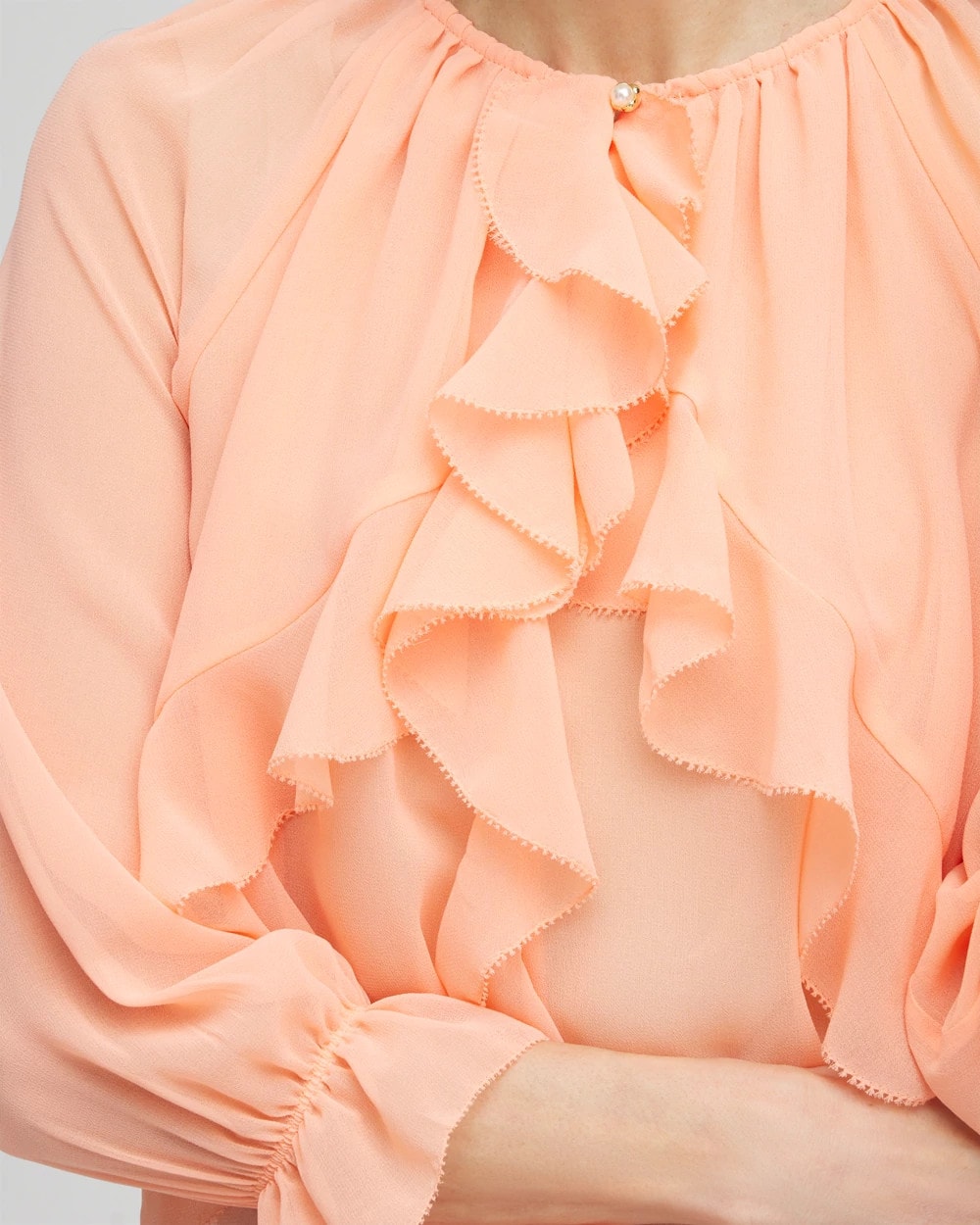 Chico's Georgette Sheer Ruffle Blouse CORAL BLOSSOM