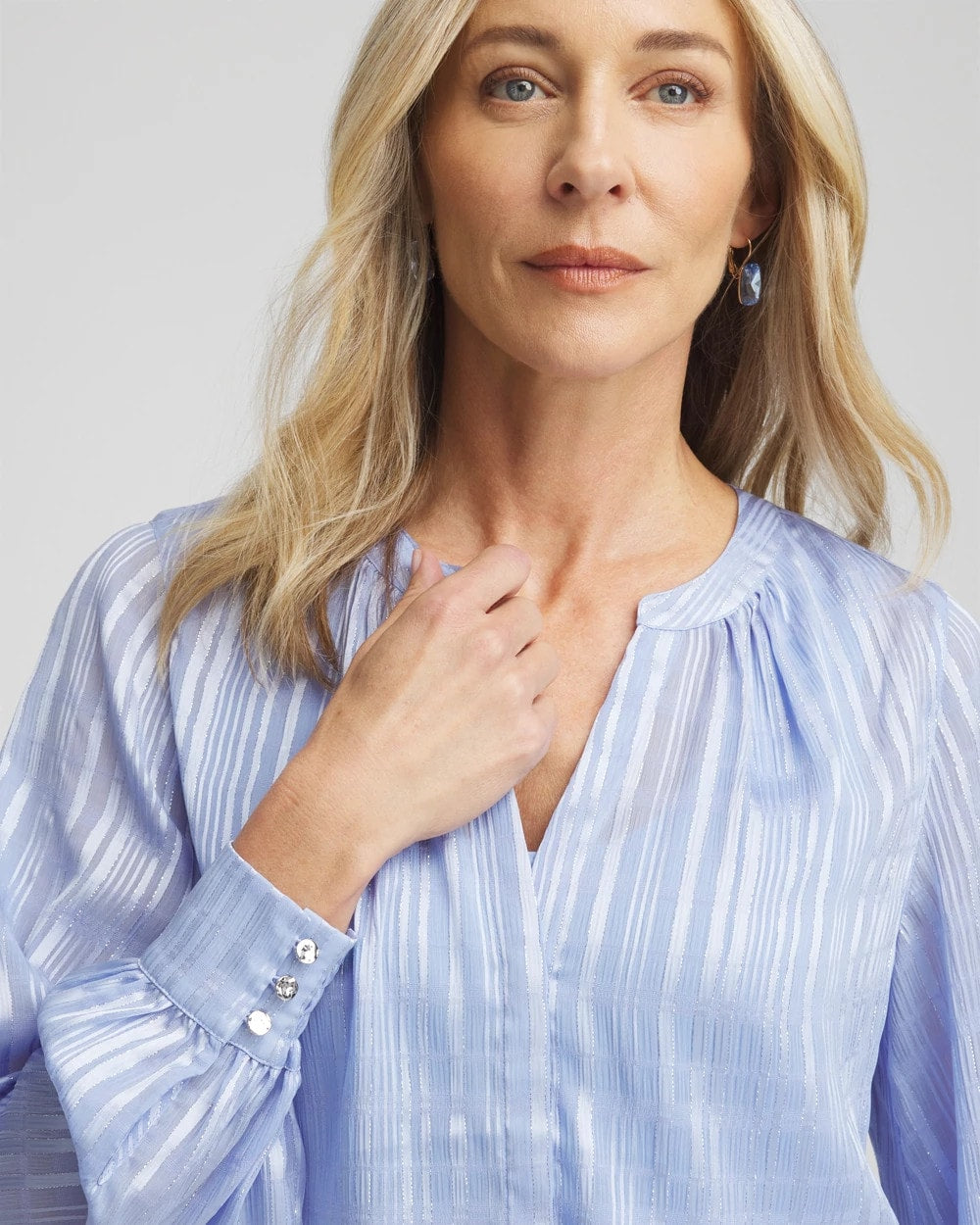 Chico's Split Neck Crinkle Blouse BLUE MUSE