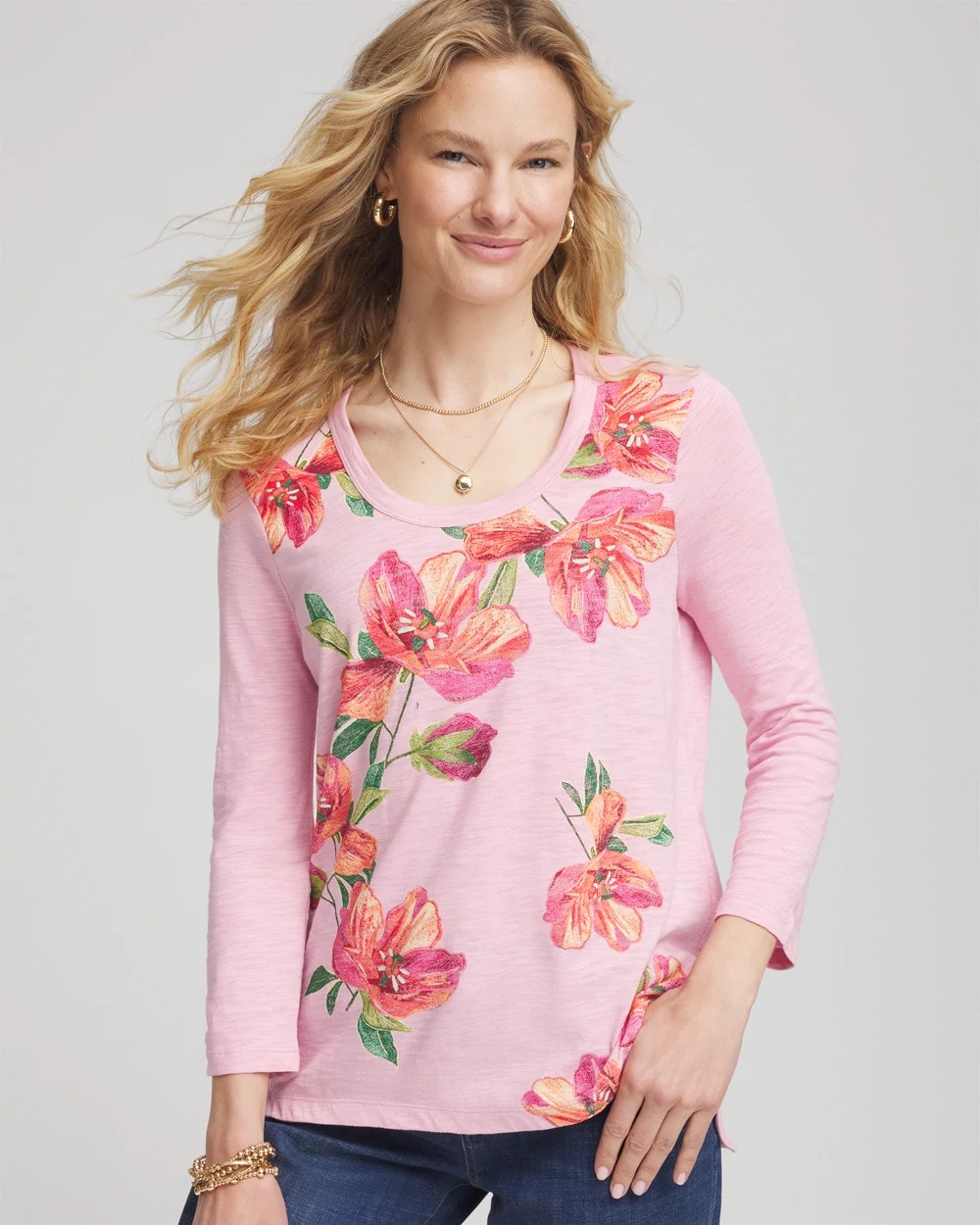 Chico's Floral 3/4 Sleeve Tee ROSE SHADOW