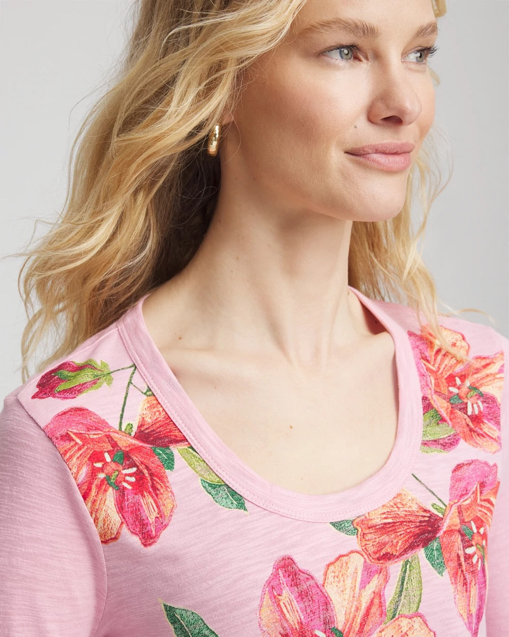 Chico's Floral 3/4 Sleeve Tee ROSE SHADOW