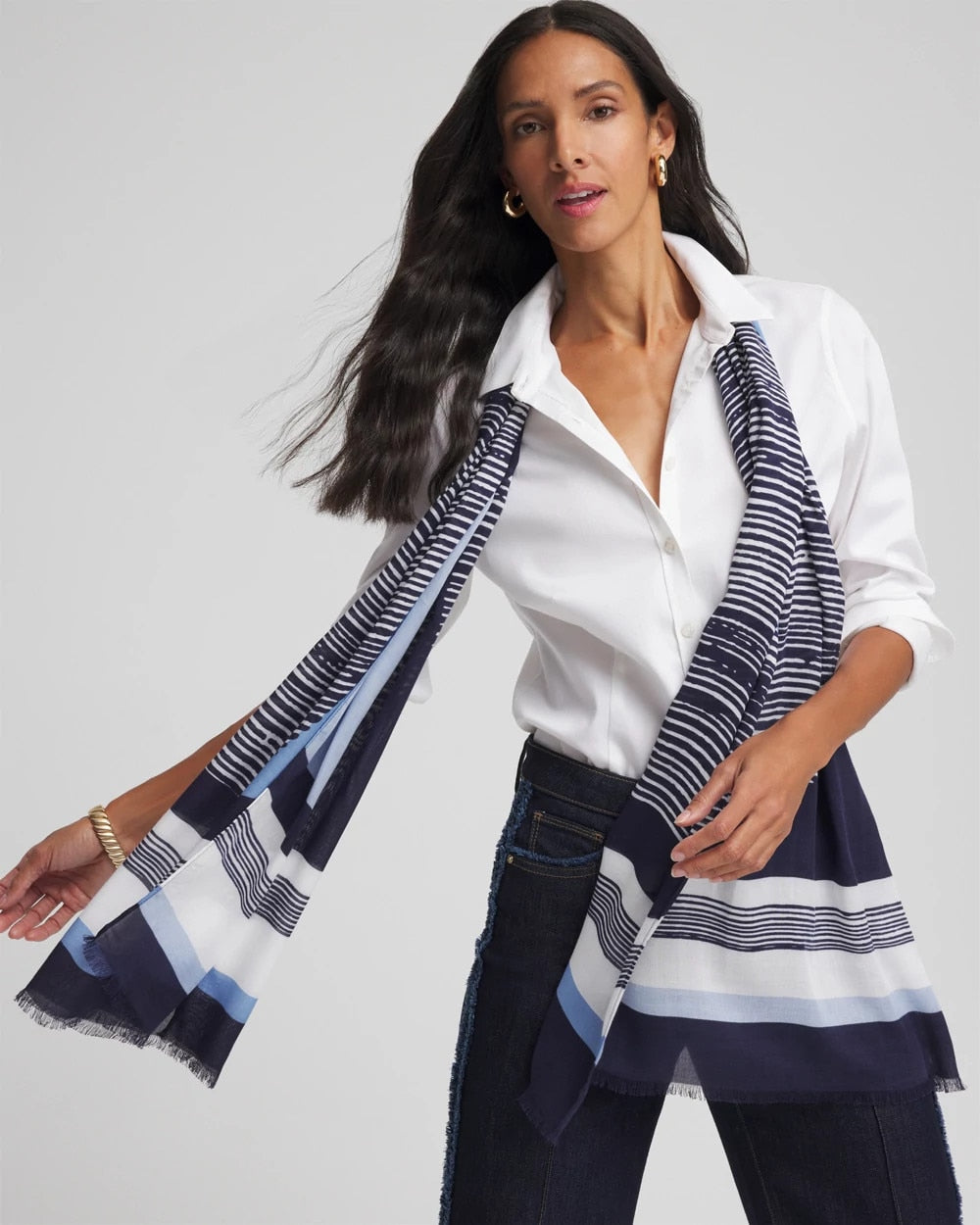 Chico's Printed Woven Oblong Scarf PASSPORT BLUE