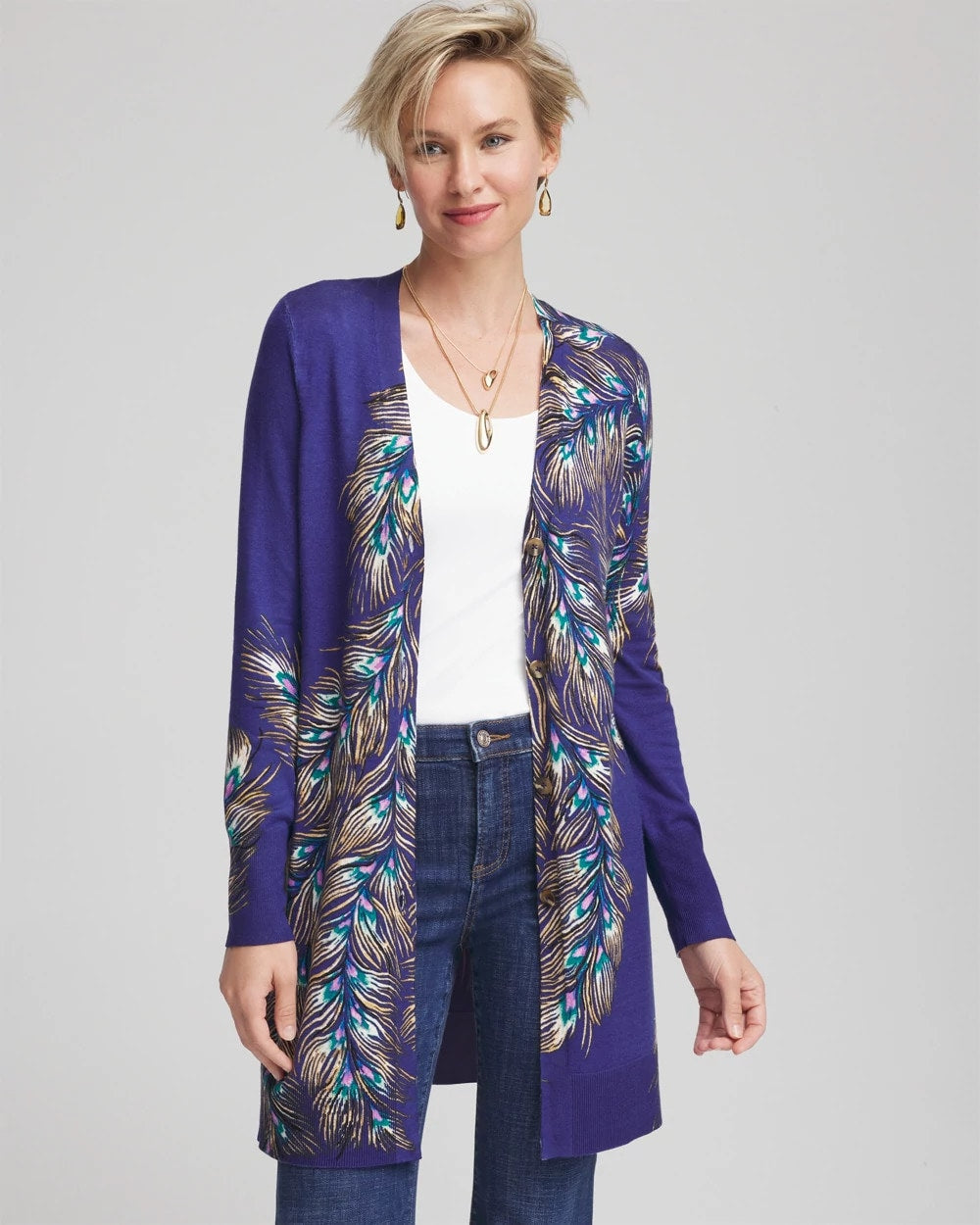 Chico's Ella Peacock-Print Cardigan Sweater DARK COBALT