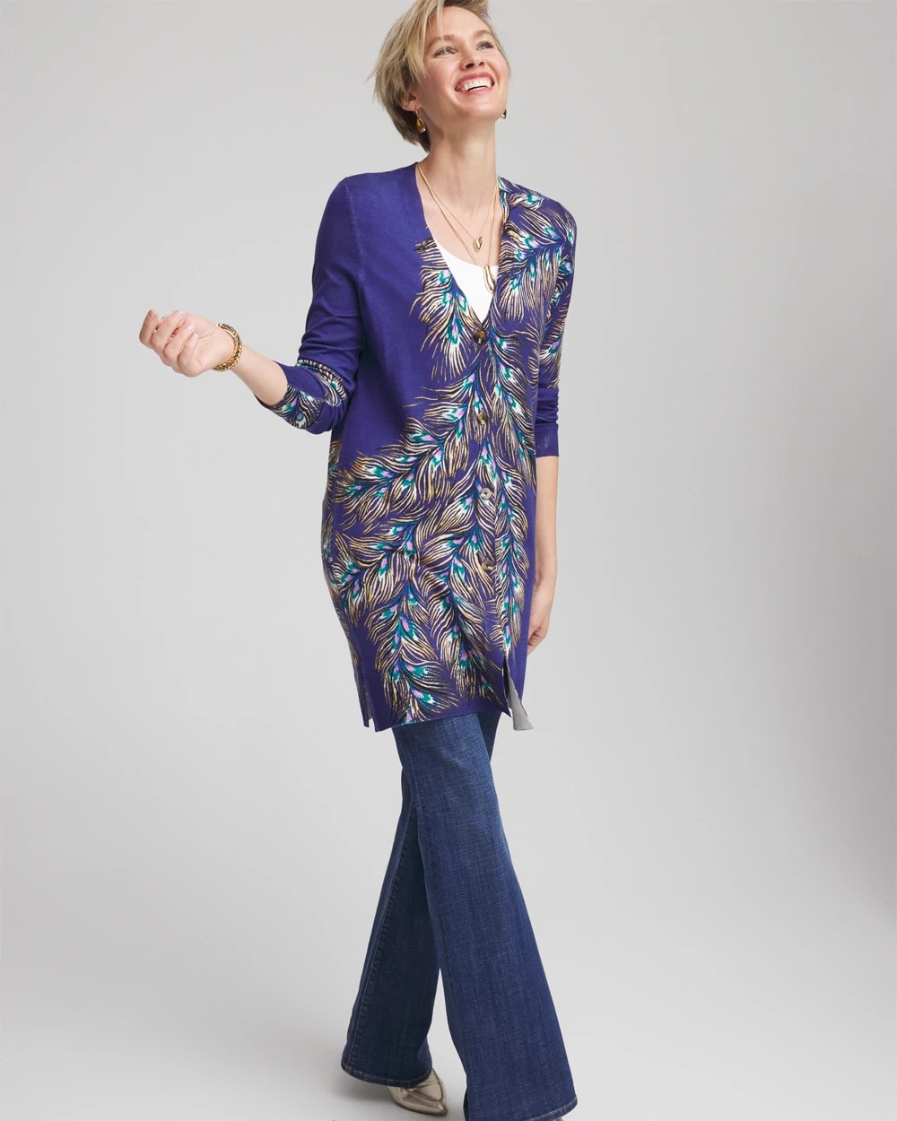 Chico's Ella Peacock-Print Cardigan Sweater DARK COBALT