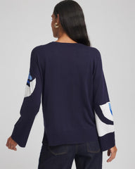 Chico's Floral Intarsia Crewneck Pullover TIDAL BLUE
