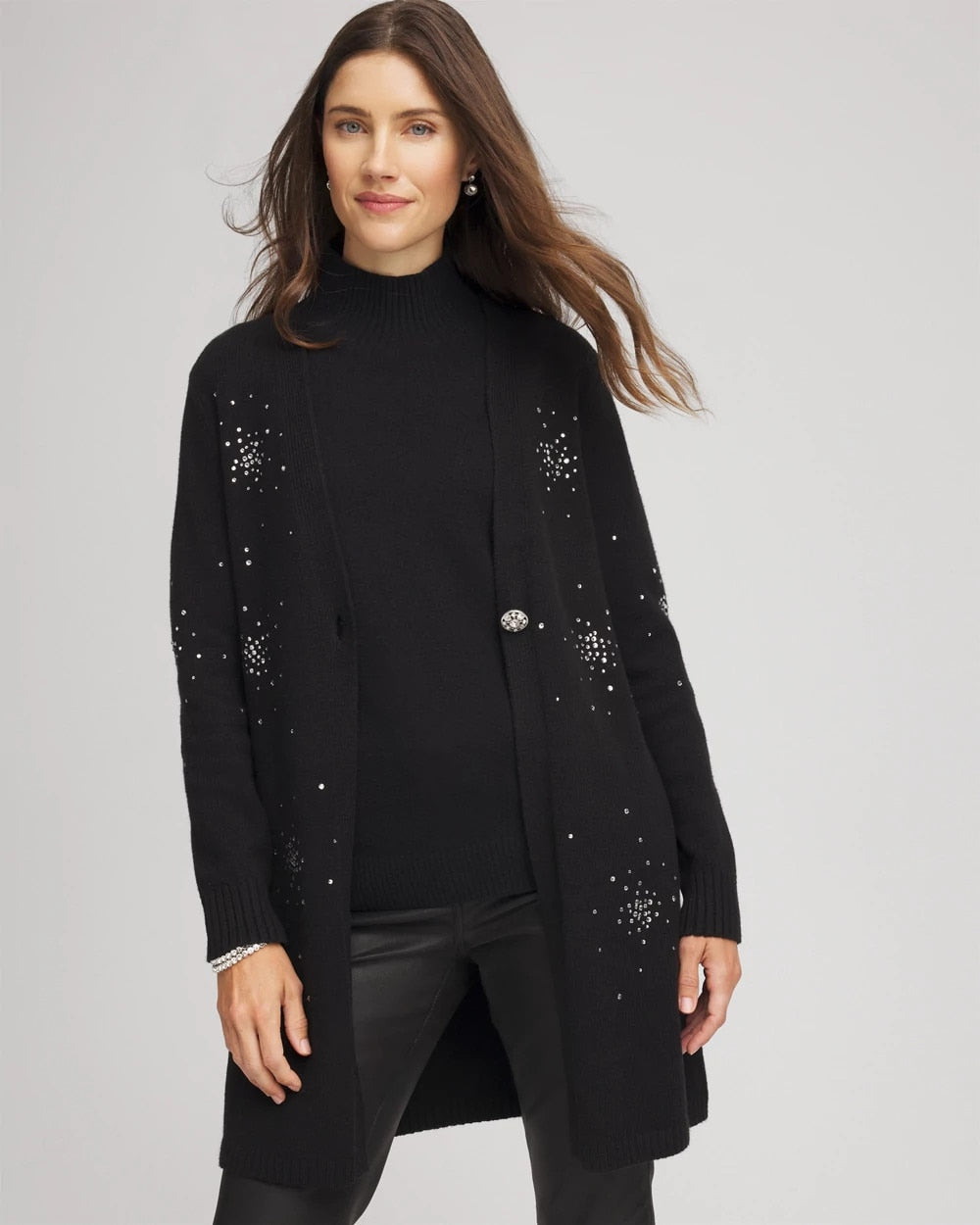 Chico's Rhinestone Embellished Cardigan BLACK