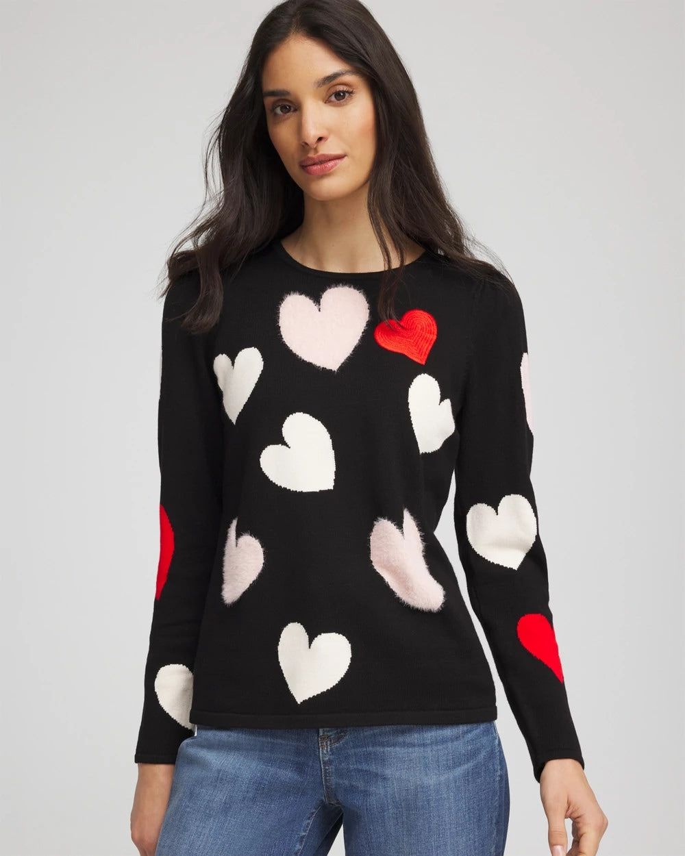 Chico's V-Day Multi-Heart Pullover BLACK