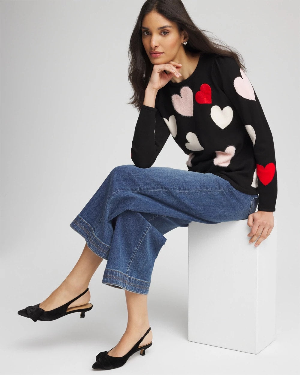 Chico's V-Day Multi-Heart Pullover BLACK
