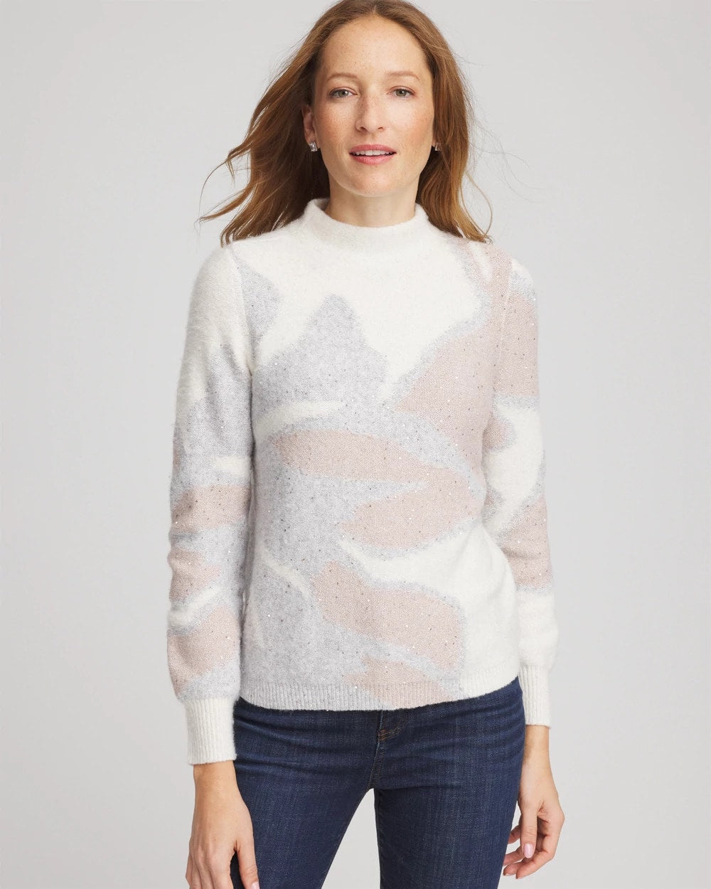 Chico's Bloom Metallic Intarsia Pullover Sweater BIRCH BARK