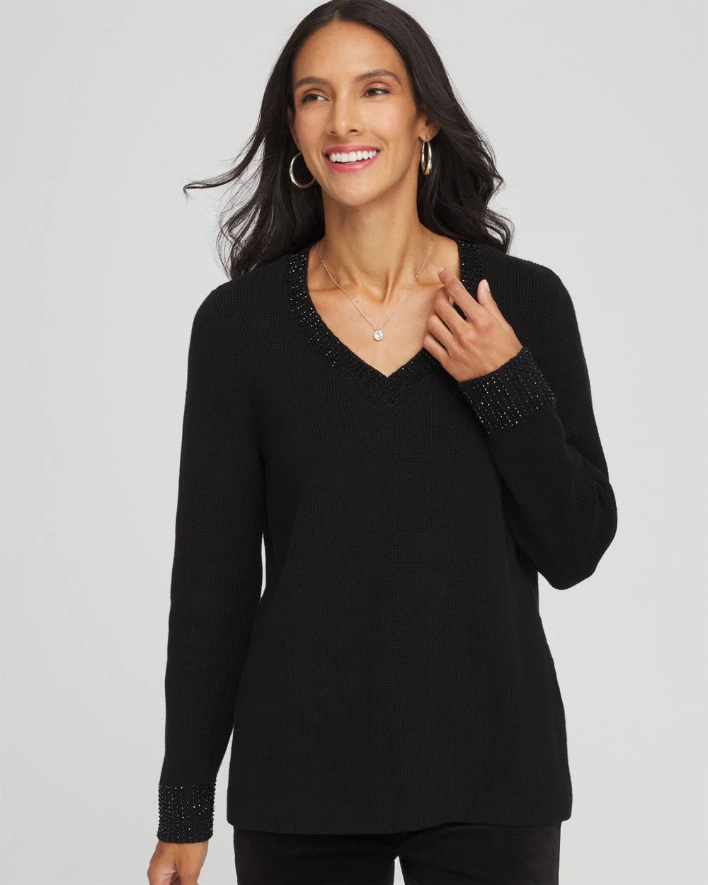 Chico's Embellished V-Neck Pullover Sweater BLACK