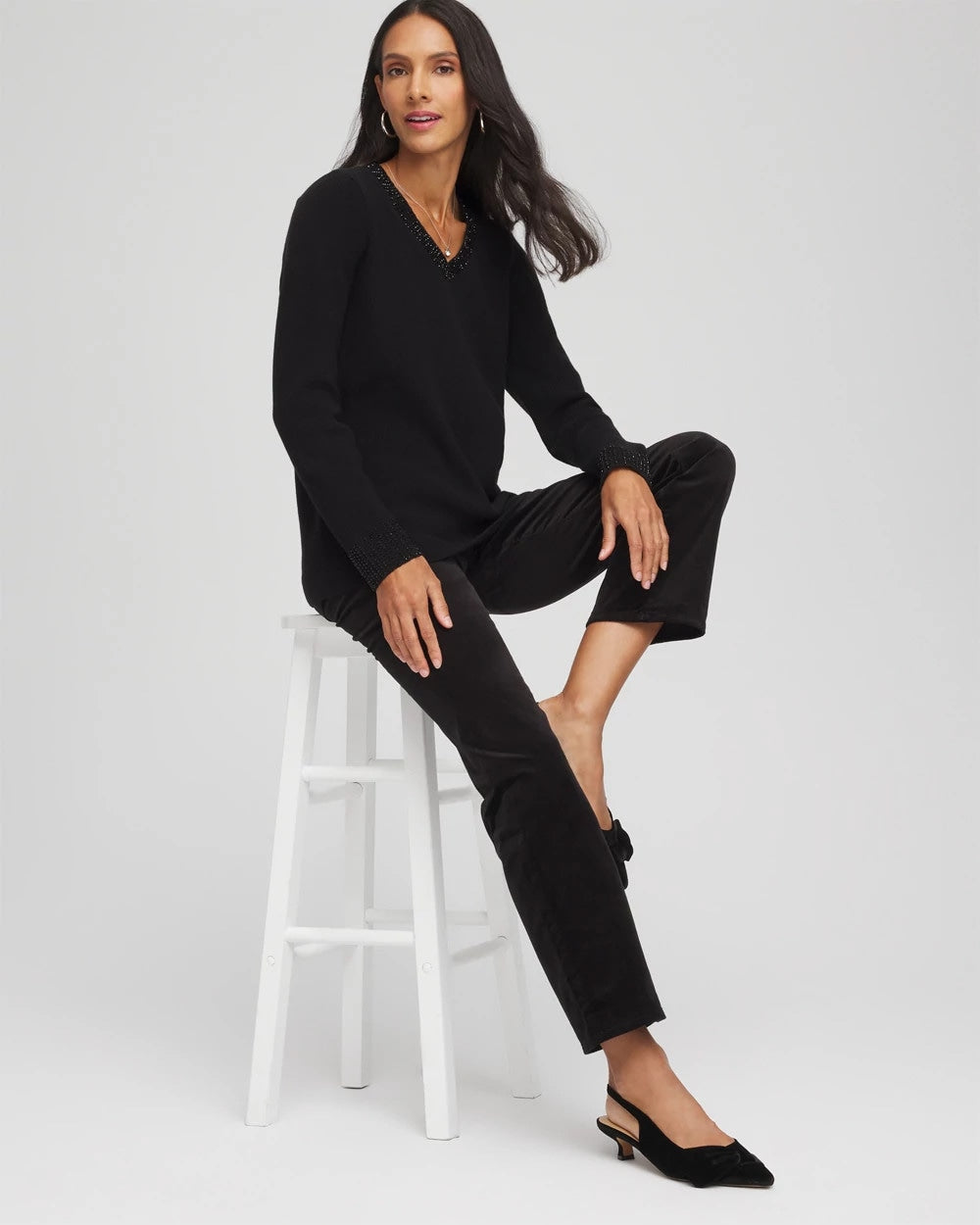 Chico's Embellished V-Neck Pullover Sweater BLACK