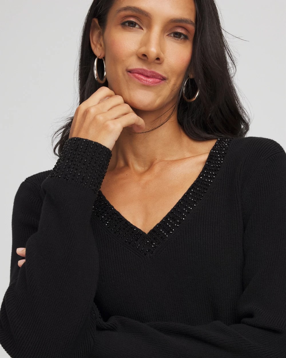 Chico's Embellished V-Neck Pullover Sweater BLACK