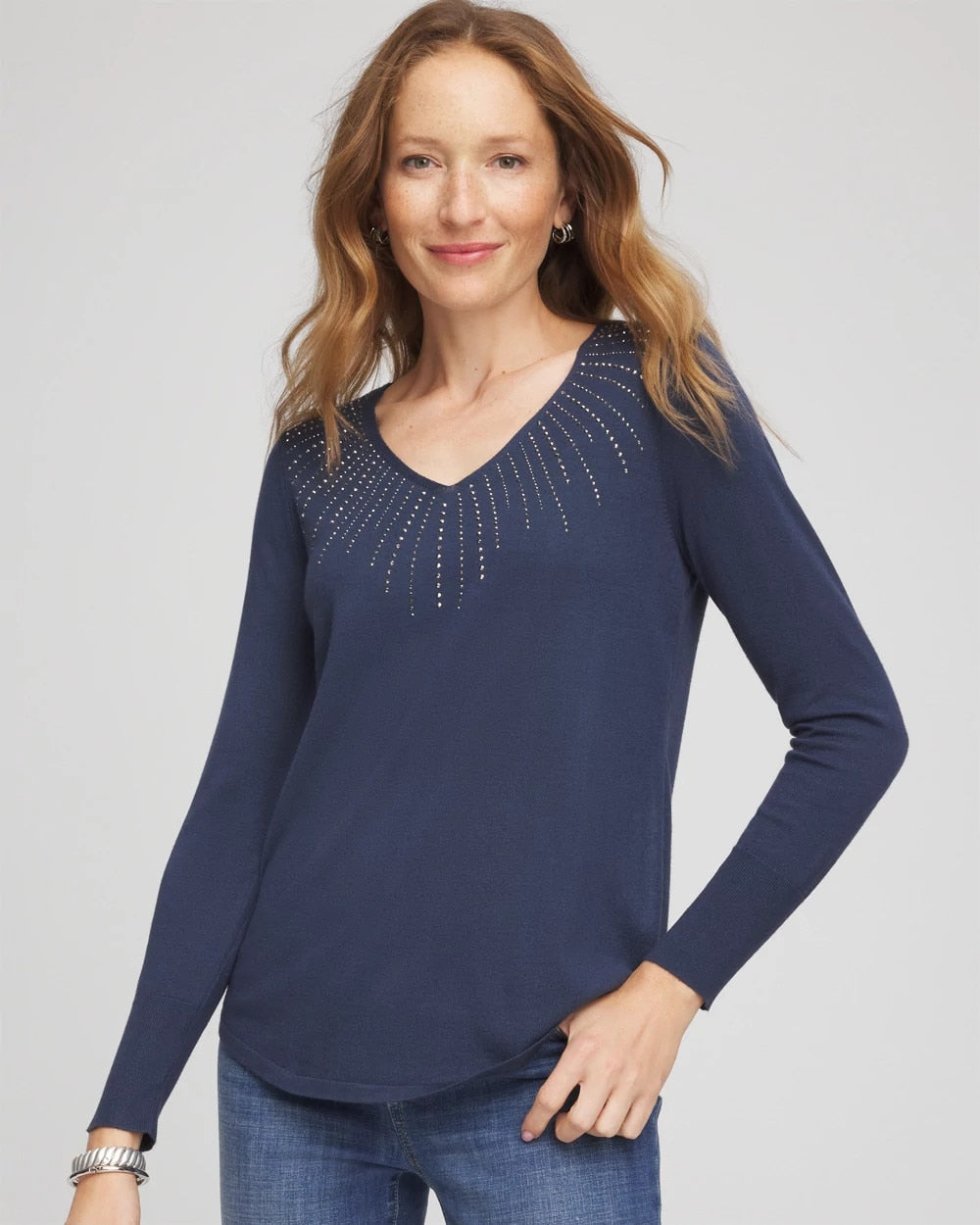 Chico's Ella Embellished V-Neck Sweater INDIGO SKY