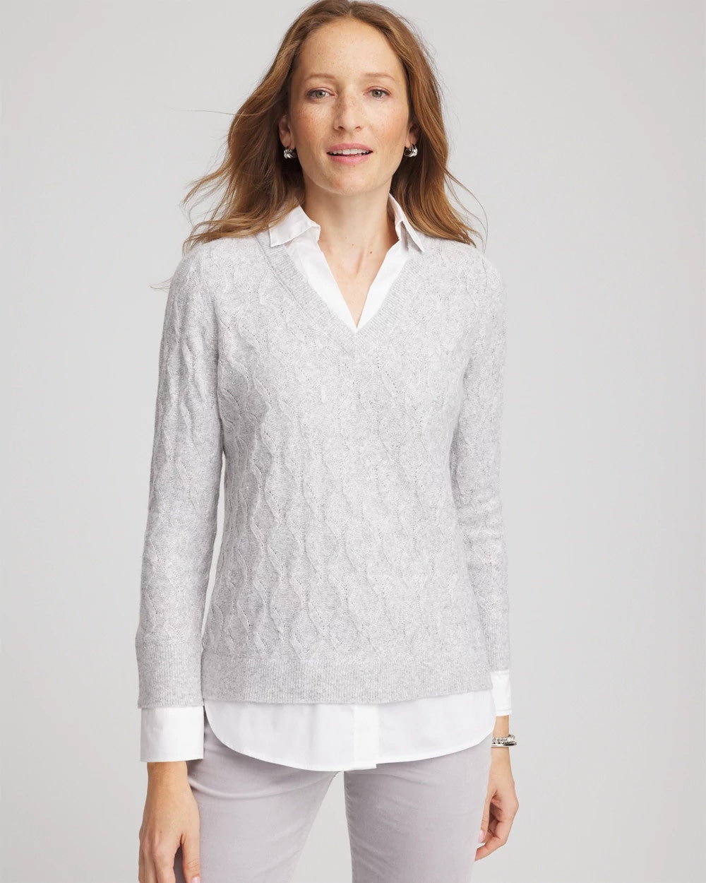 Chico's Classic Built-In Shirt Knit Sweater CLASSIC GRAY