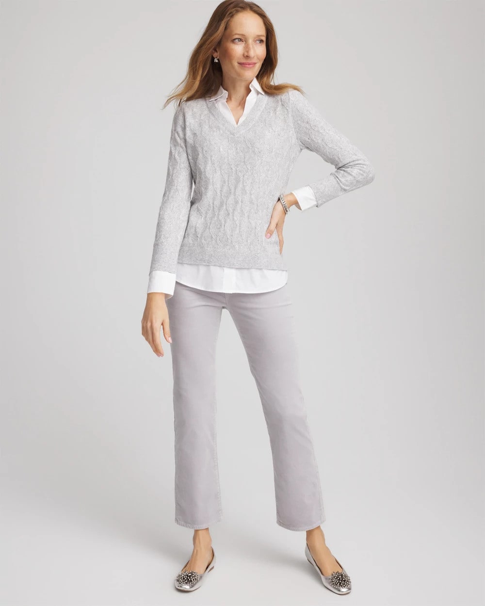 Chico's Classic Built-In Shirt Knit Sweater CLASSIC GRAY