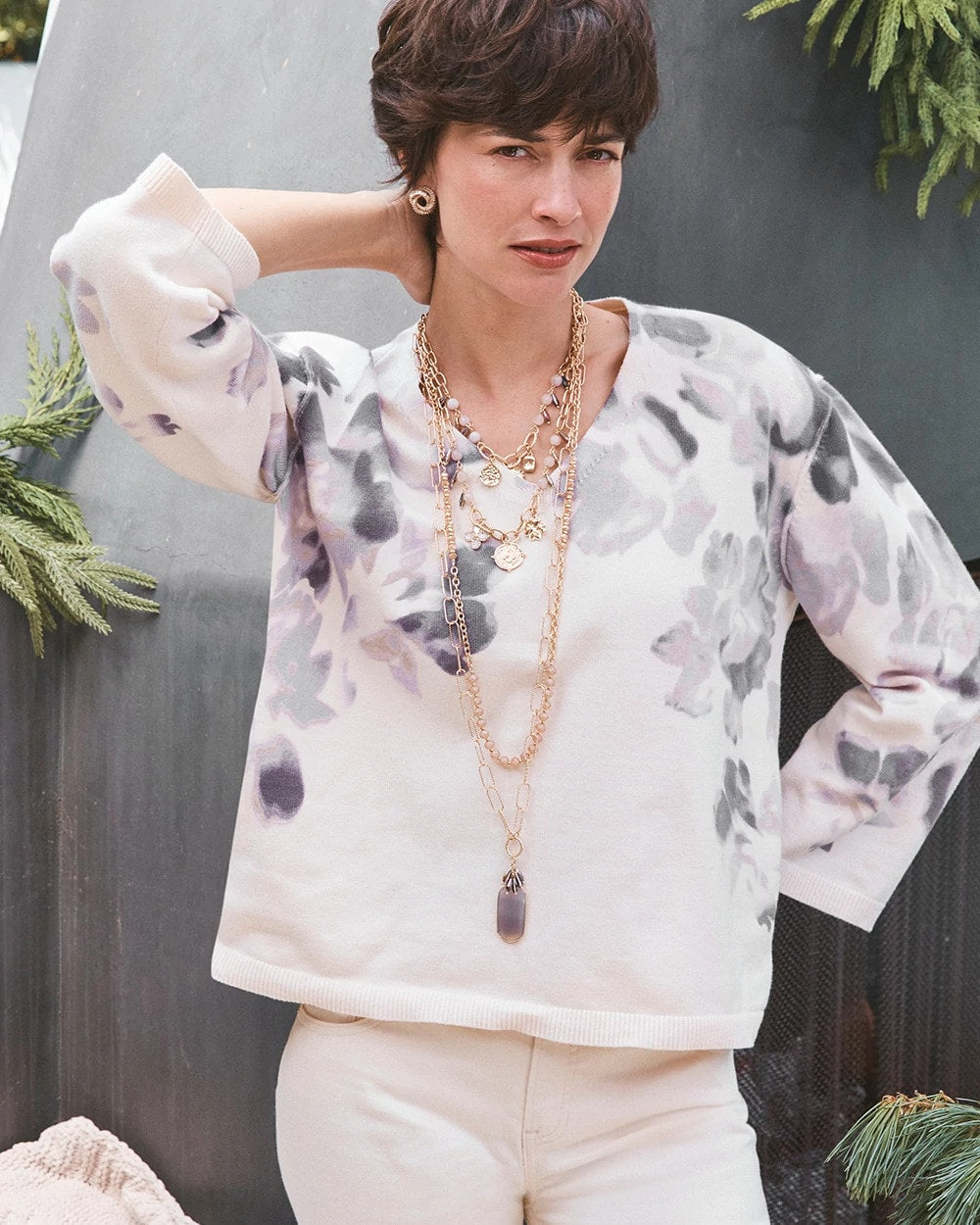 Chico's Printed V-Neck Sweater MULTI