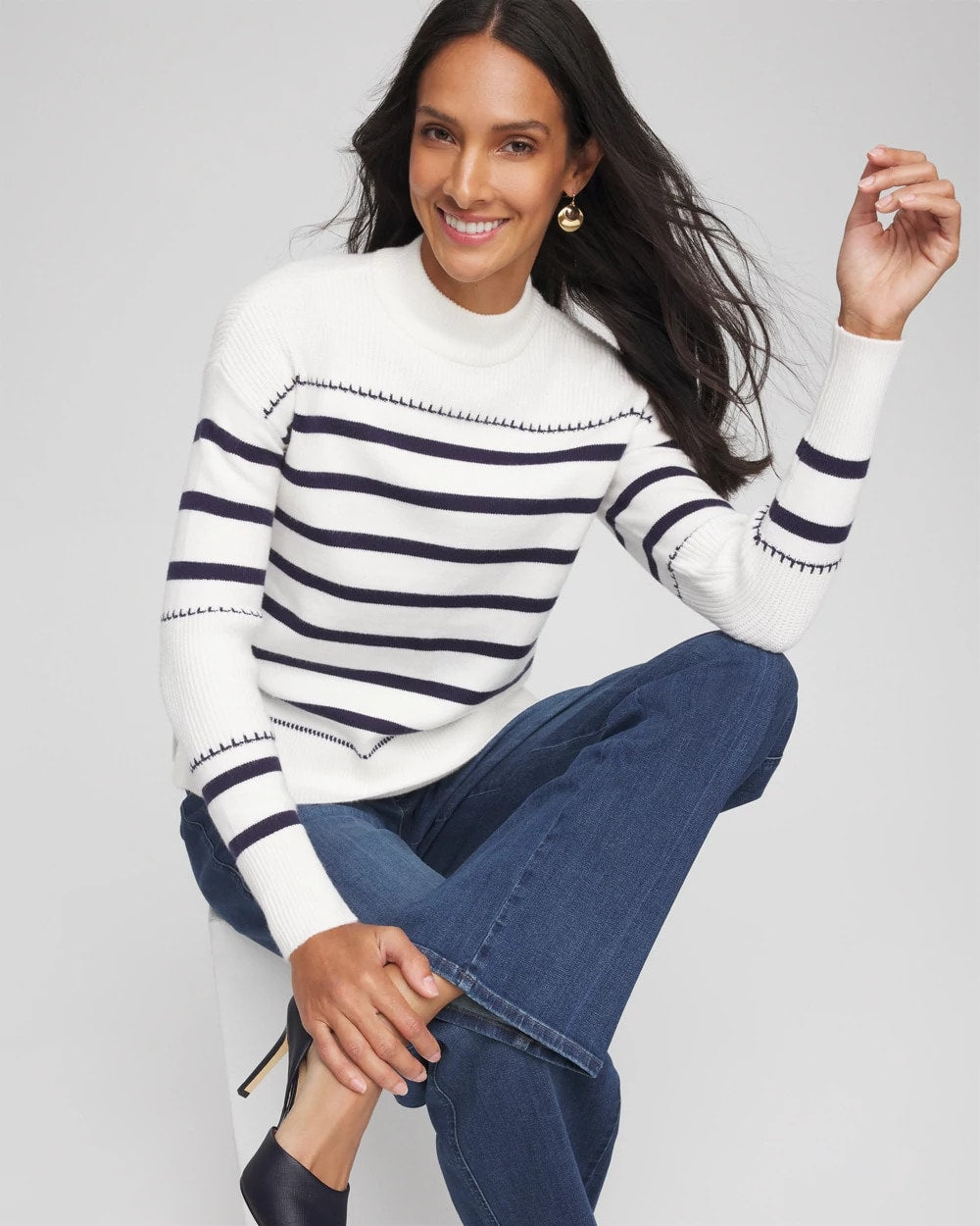 Chico's Striped Relaxed Mockneck Pullover ECRU