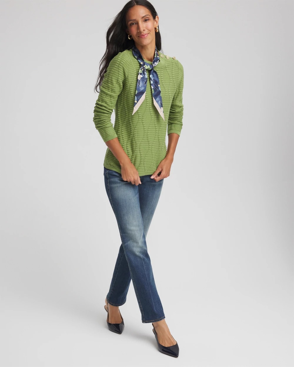 Chico's Button Shoulder Crewneck Pullover GREEN FIG