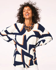 Chico's Geo Intarsia V-Neck Tunic PASSPORT BLUE
