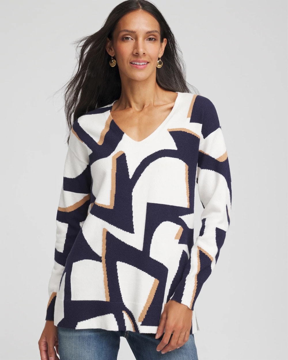 Chico's Geo Intarsia V-Neck Tunic PASSPORT BLUE