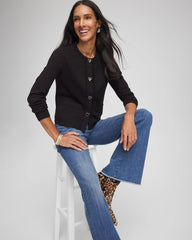 Chico's V-Day Embroidered Crewneck Cardigan BLACK