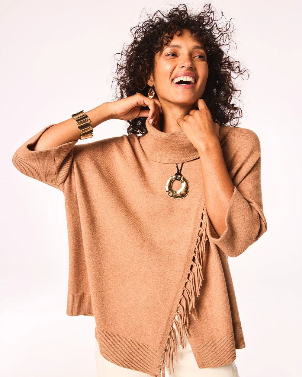 Chico's Cowlneck Knit Fringe Poncho FAUX CREME COFFEE HEATHER