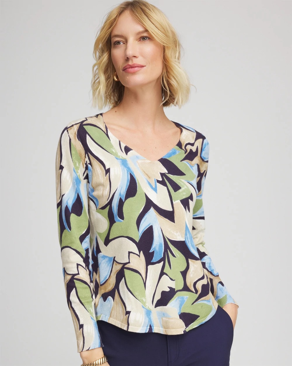 Chico's Ella Bloom V-Neck Pullover Sweater PASSPORT BLUE