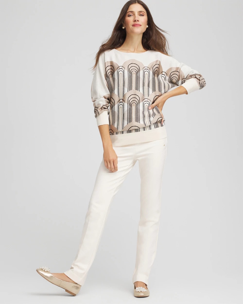 Chico's Art Deco Dolman Pullover Sweater ENGLISH CREAM