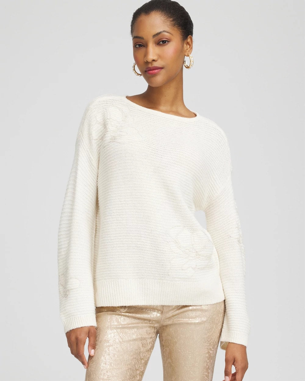 Chico's Tonal Embroidered Boatneck Pullover Sweater ENGLISH CREAM