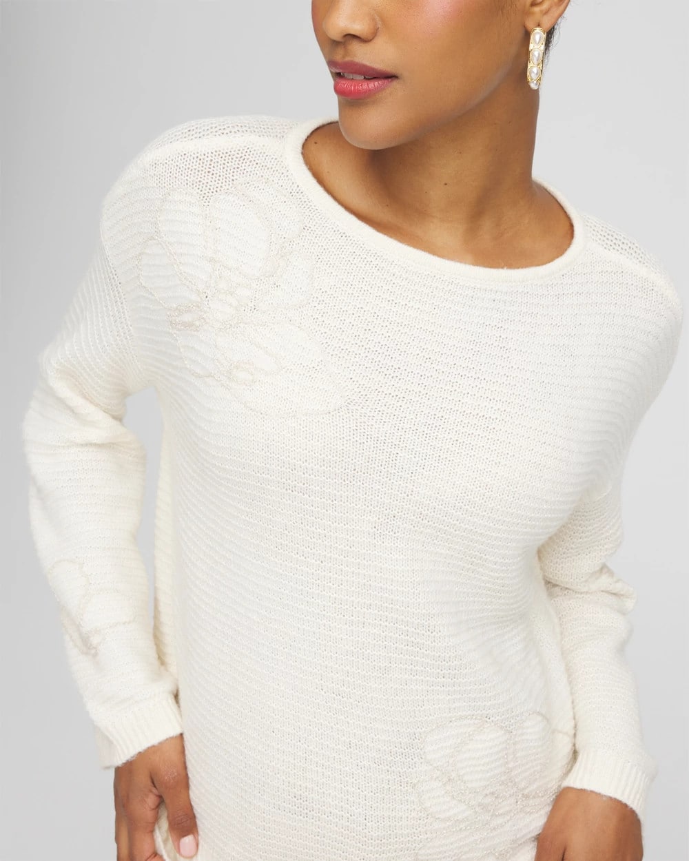 Chico's Tonal Embroidered Boatneck Pullover Sweater ENGLISH CREAM