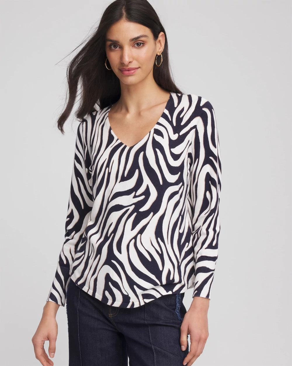 Chico's Ella Zebra V-Neck Pullover Sweater PASSPORT BLUE