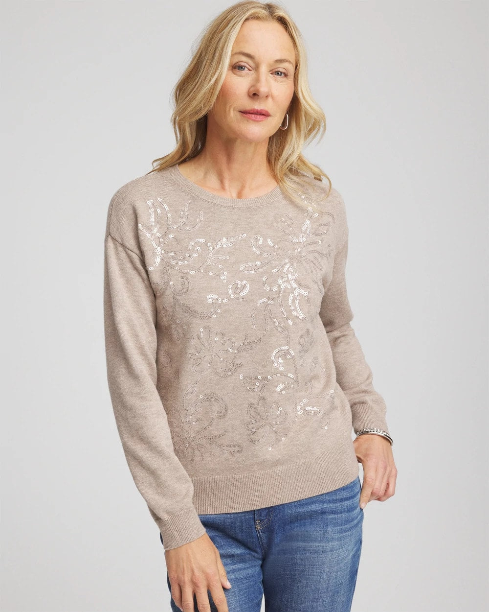 Chico's Floral Sequined Pullover SMOKEY TAUPE