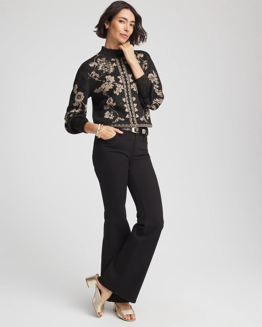 Chico's Bryne Jacquard Mockneck Pullover BLACK