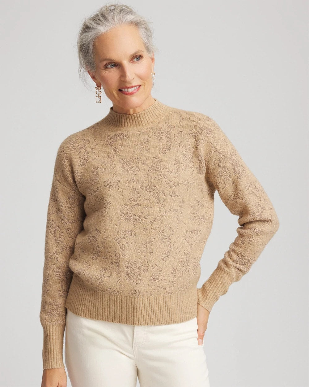 Chico's Jacquard Mockneck Pullover CHAMPAGNE FIZZ
