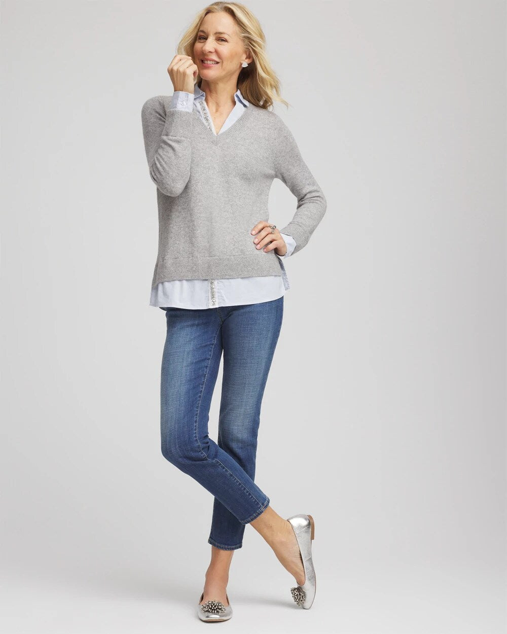 Chico's Sequin Built-In Shirt Knit Sweater GRAY