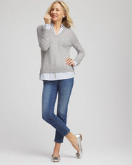 Chico's Sequin Built-In Shirt Knit Sweater GRAY