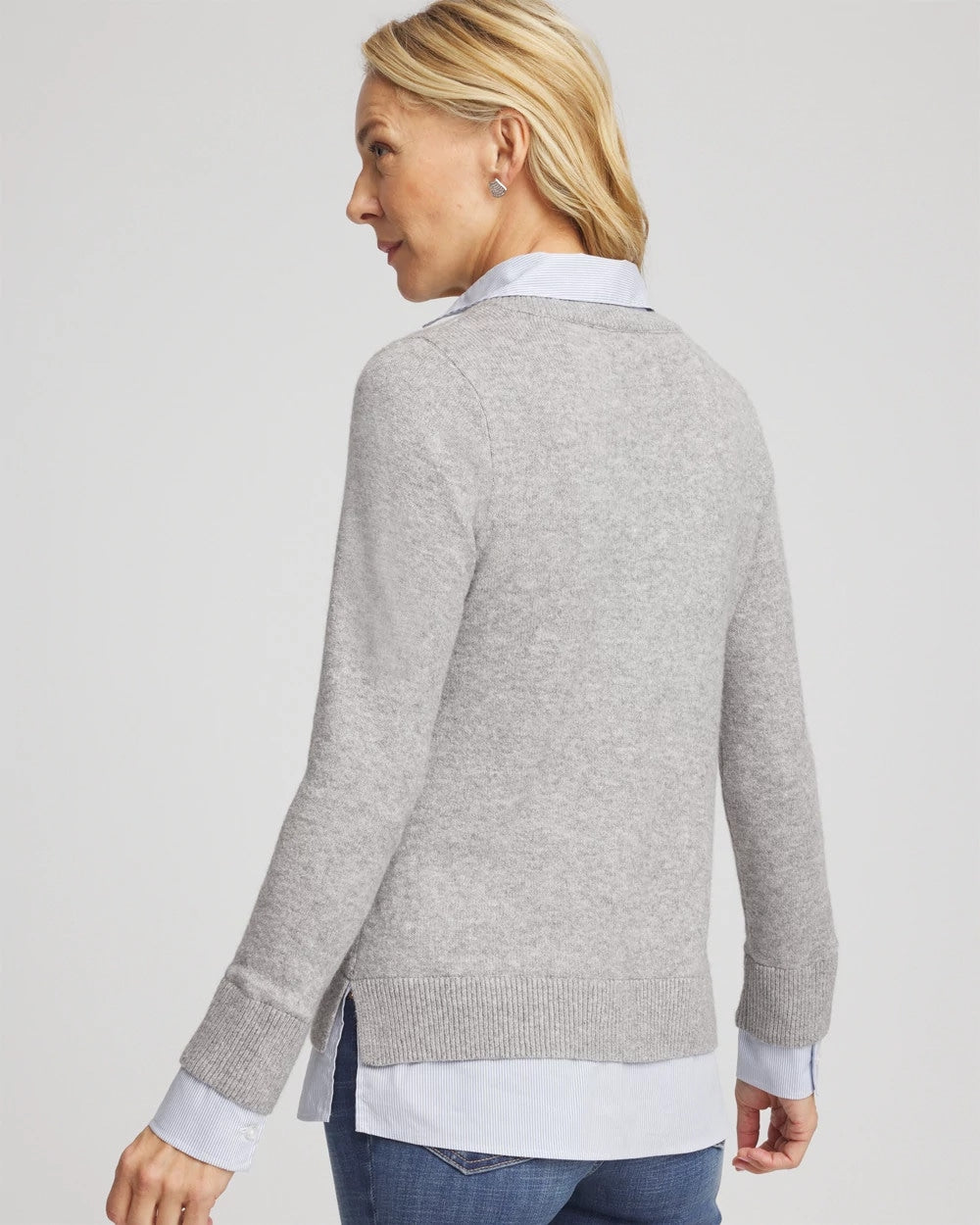Chico's Sequin Built-In Shirt Knit Sweater GRAY