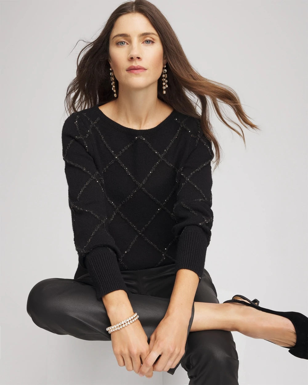 Chico's Sparkling Diamonds Pullover Sweater BLACK
