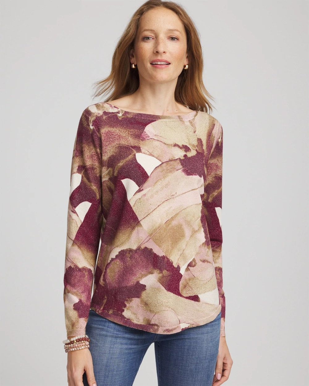 Chico's Ella Ocean Glitz Boatneck Sweater PURPLE ROYALE
