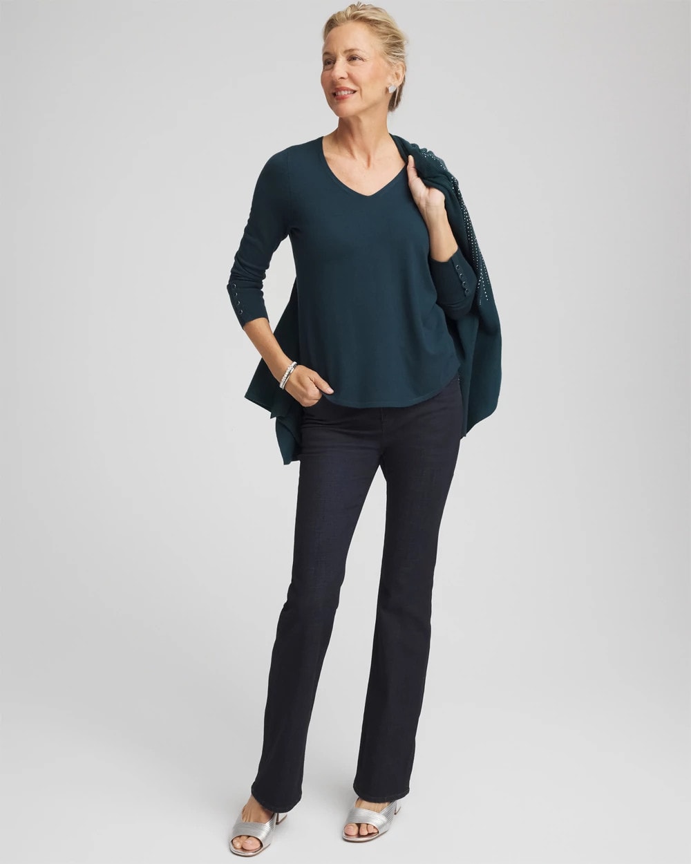 Chico's Ella V-Neck Pullover Sweater TEAL SHADOW