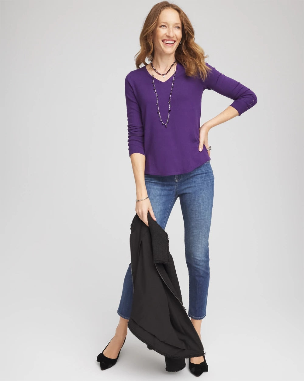 Chico's Ella V-Neck Pullover Sweater PURPLE ELIXIR